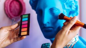 Gen Z beauty trends: sustainable skincare products and skinimalism routine on a modern vanity